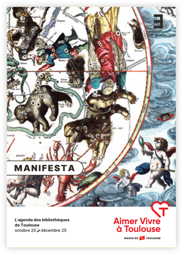 couverture de Manifesta, l’agenda des bibliothèques de Toulouse, d’octobre 2025 à décembre 2025, Aimer vivre à Toulouse, Mairie de Toulouse