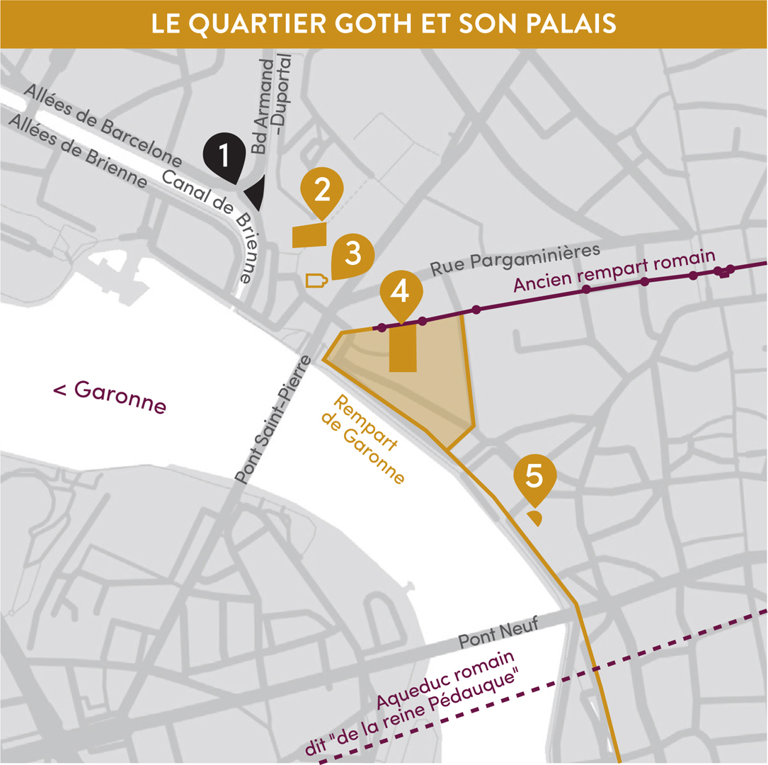 Carte du quartier goth et son palais, légende disponible ci-après