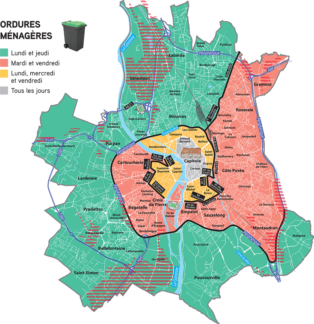 Planning des jours de ramassage des ordures ménagères dans la ville de Toulouse