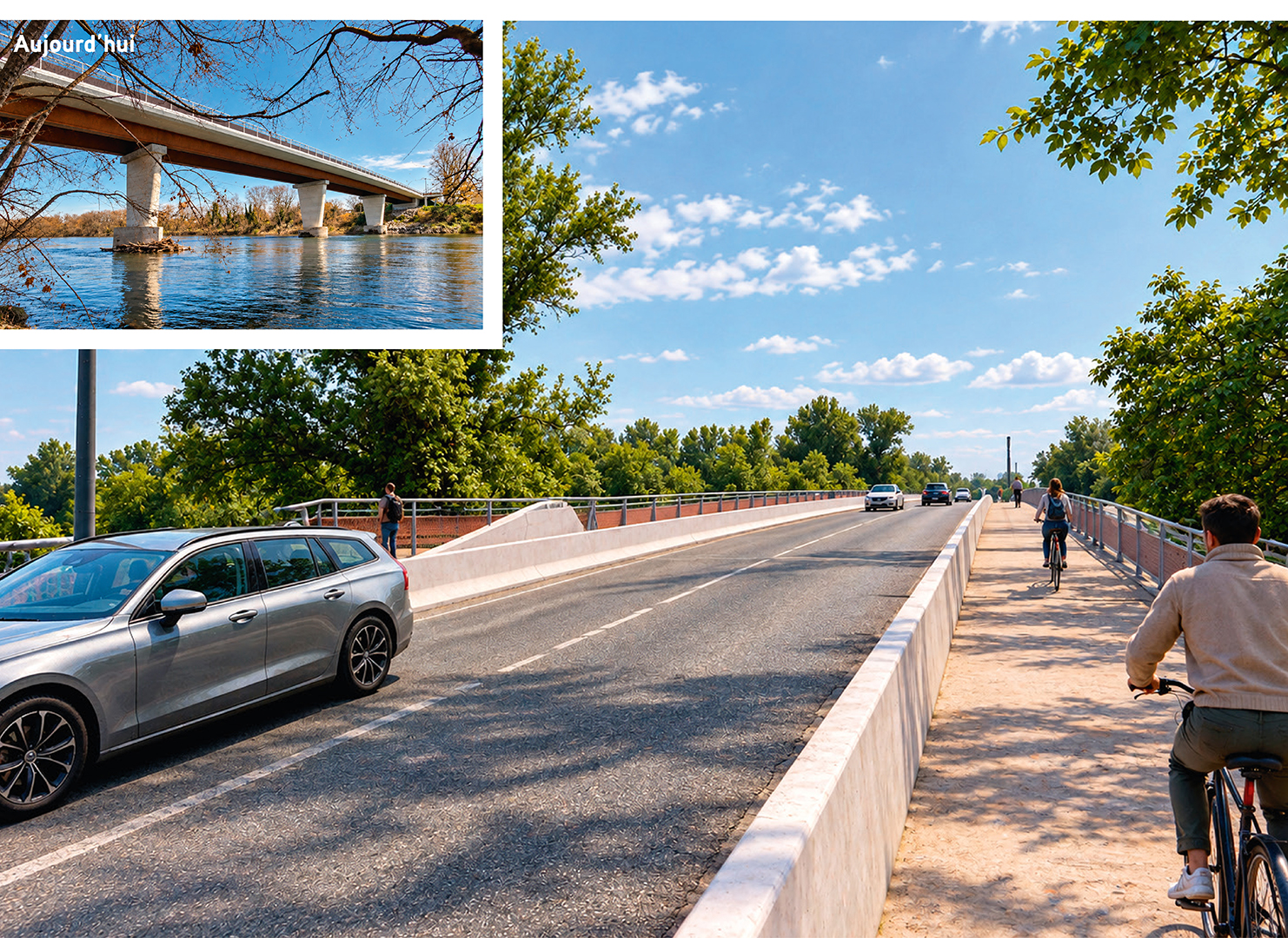 Photographie présentant le pont aujourd'hui vu du dessous, et le pont prévu demain : des voitures circulent sur le pont et des larges trottoirs sont occupés par des piétons et des cyclistes.